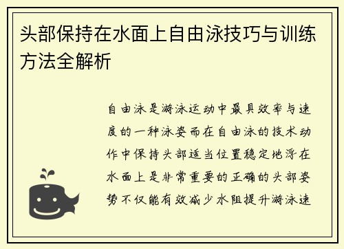 头部保持在水面上自由泳技巧与训练方法全解析